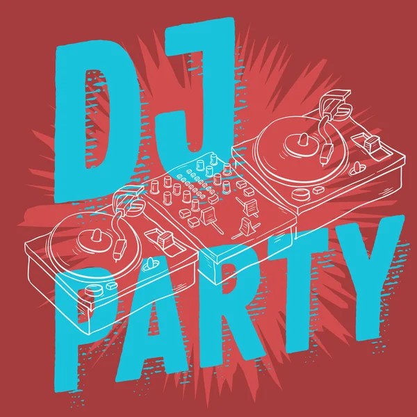 DJ-Party Design a poszter egy Dj hang keverő és lemezjátszó rajz nem elszigetelt. Művészi rajzfilm kézzel rajzolt vázlatos Line Art stílus. — Stock Vector
