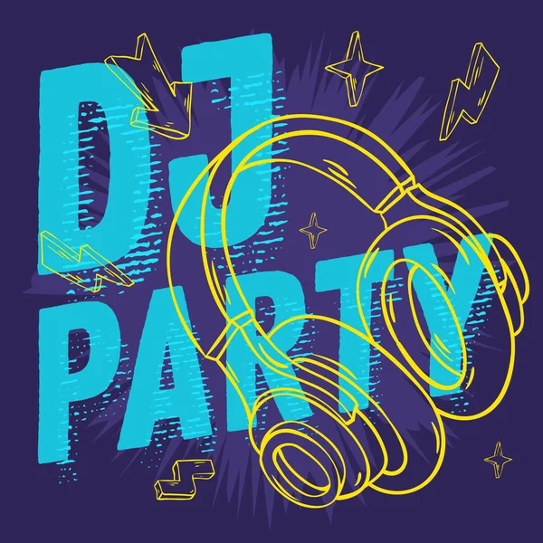 Dj party design für ihr poster mit kopfhörerzeichnung. künstlerische Cartoon Hand gezeichnet skizzenhafte Linie Kunststil. — Stockvektor