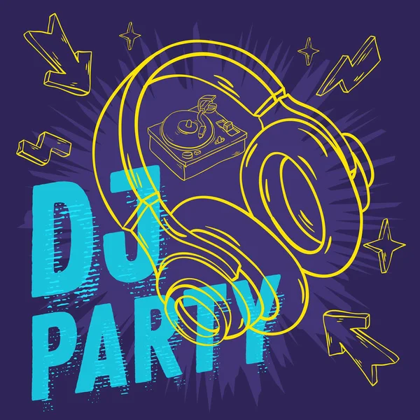 DJ Party Design für dein Poster mit Kopfhörer und Plattenspieler Zeichnung. künstlerische Cartoon Hand gezeichnet skizzenhafte Linie Kunststil. — Stockvektor