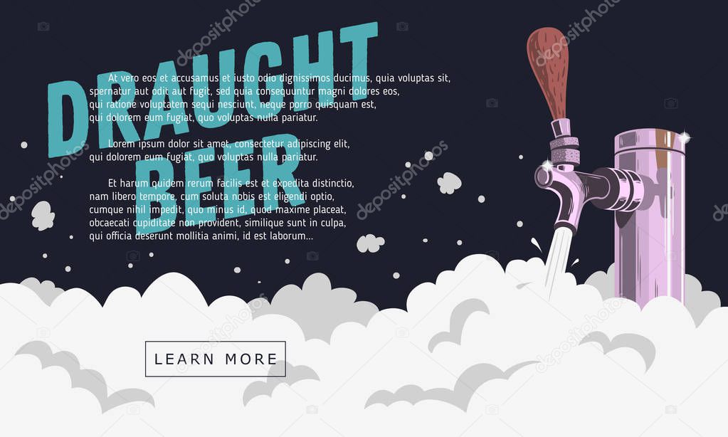Draught Draft Beer Tap With Foam Web Banner Design For Promotion.
