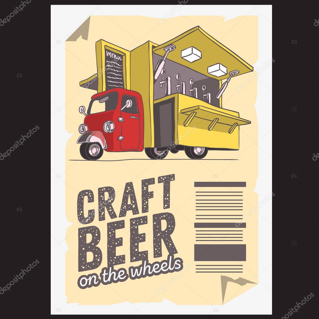 Mobile Craft Beer Pop Up Vehicle For Catering And Street Selling Poster Template Design. Artistic Cartoon Hand Drawn Sketchy Line Art Style.  Vector Graphic.