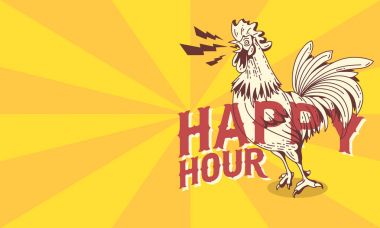 Happy Hour Vintage afiş tasarımı ötme horoz çizim ile etkiledi.