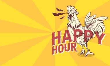 Happy Hour Vintage Influenced Poster Design With Crowing Rooster Drawing. clipart