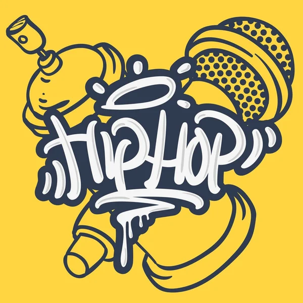 Hip Hop Lettering Custom Tag Style Characters With a Microphone And Graffiti Spray Can Baloon. Художественный карикатурный рисунок в стиле Sketchy Line . — стоковый вектор