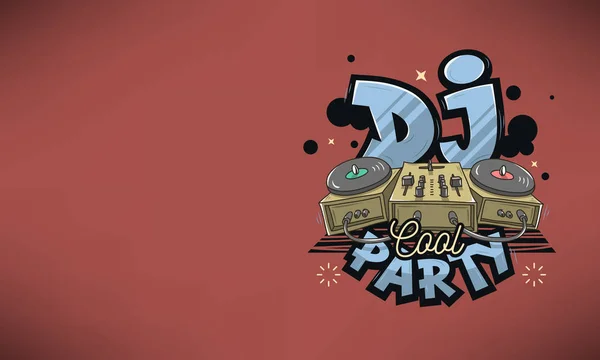 DJ Cool Party Design voor gebeurtenis Poster. Sound Mixer en draaitafels grappige Cartoon afbeelding. Komische Old School Graffiti Type behandeling. — Stockvector