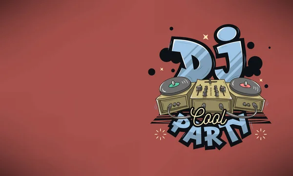 Дизайн Dj Cool Party для плаката. Sound Mixer and Turntables Funny Cartoon Illustration. Граффити старой школы комиксов . — стоковый вектор