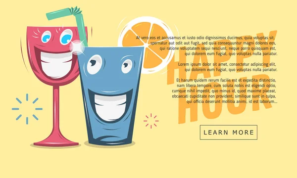 Happy Hour Web Banner Design. Vicces mosolygós üveg rajzfilmfigurák. — Stock Vector