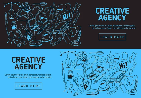Creative Agency Website Banner Design With Artistic Cartoon Hand Drawn Sketchy Line Art Drawings Illustrations Of Essential Related Objects Of Every Day Working Things And Tools.