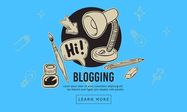 Blogging künstlerischen Cartoon Hand gezeichnet skizzenhafte Linie Kunst Stil Zeichnungen Illustrationen Ikonen Design von wesentlichen verwandten Objekten und Werkzeugen. — Stockvektor