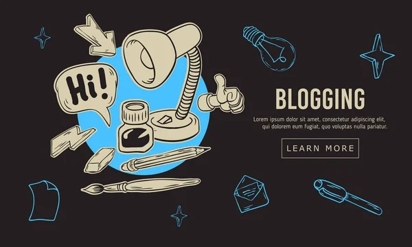 Blogging Artístico Cartoon mão desenhada esboçado linha arte estilo desenhos ilustrações ícones e símbolos design de objetos e ferramentas relacionados essenciais . — Vetor de Stock