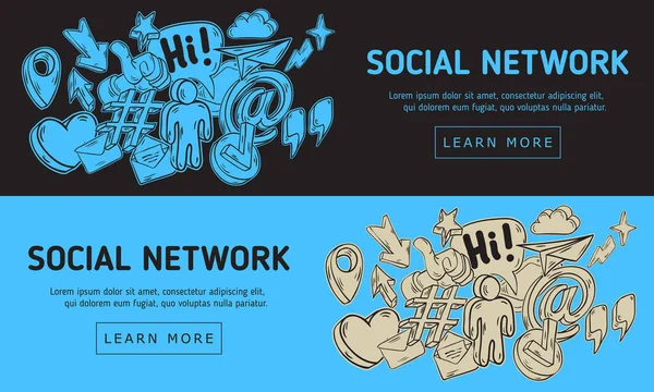 Social Network Web-Design mit isolierten wesentlichen verwandten Objekten Ikonen und Elemente künstlerischen Cartoon Hand gezeichnet skizzenhafte Linie Kunst Stil Zeichnungen Illustrationen und Symbole — Stockvektor