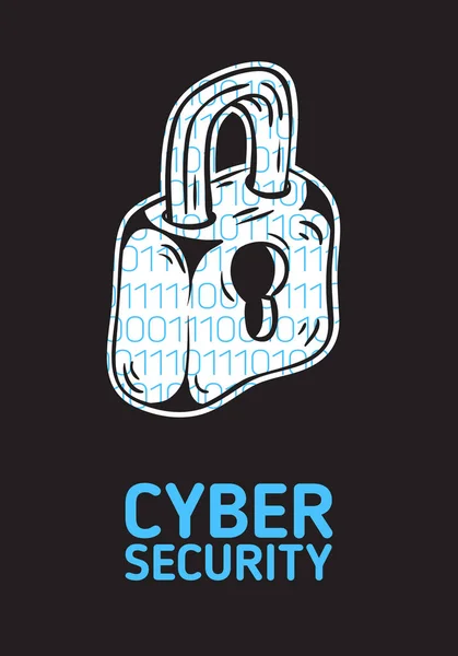 사이버 보안 안전 잠금 및 이진 코드의 개념적 포스터 디자인. 예술적인 만화 손으로 그린 스케치 라인 아트. — 스톡 벡터