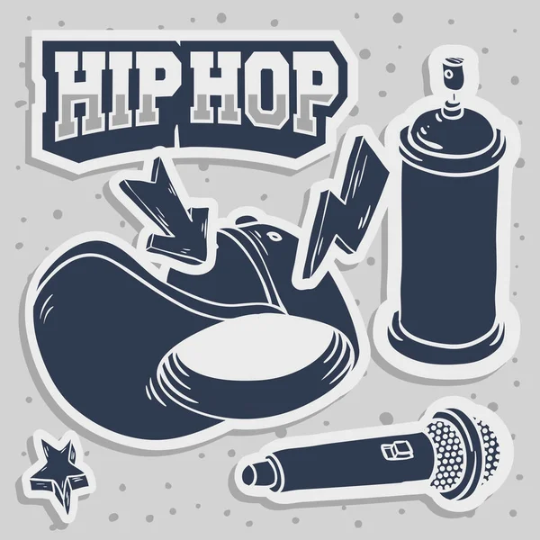 Hip Hop matricák tervez-val Baseball sapka megtorló Flexfit Mic mikrofon Graffiti festék Spray is halandzsa kapcsolódó szimbólumok — Stock Vector