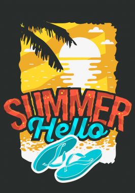 Merhaba yaz afiş tasarımı ile gündoğumu yukarıda su ve Flip flop terlikler Beach illüstrasyonlar Ayakkabı.