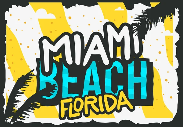 Miami Beach Florida Diseño de póster de verano con ilustración de hojas de palma . — Archivo Imágenes Vectoriales