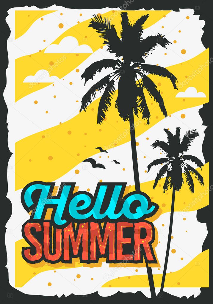 Beach Summer Poster Design With Palm Trees Illustration.