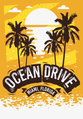 Ocean Drive Miami Beach Florida Summer Poster Design With Palm Trees Illustration And A Sunrise On The Beach. clipart