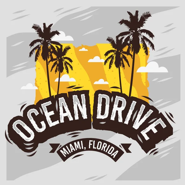 Ocean Drive Miami Beach Florida nyári tervez-val pálma fák illusztráció. — Stock Vector