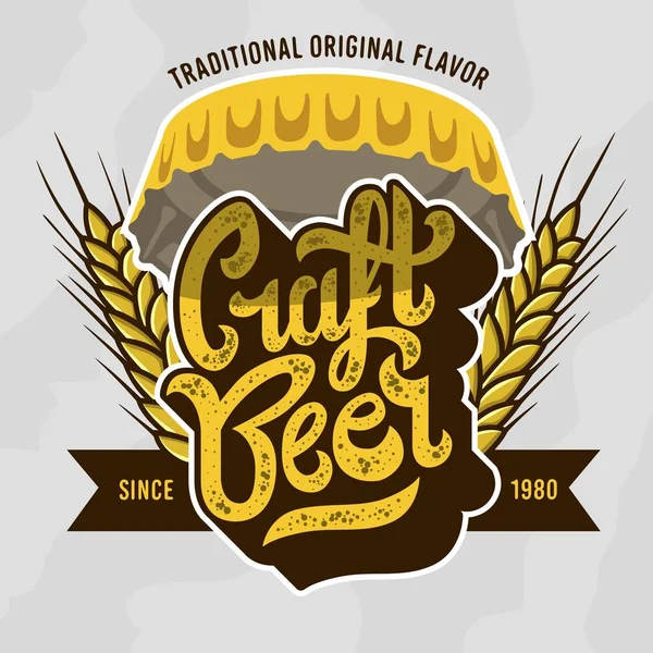 Craft Beer Script belettering Badge embleem ontwerp met een kroonkurk bier en Wheats . — Stockvector