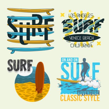 Surfing Style Surf Summer Time Beach Life Hand Lettering Vector Illustrations Set Designs. clipart