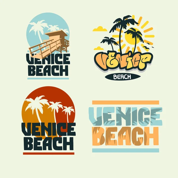 Venice Beach California Summer Time Beach Life Letras de la mano Vector Ilustraciones Set Diseños . — Vector de stock