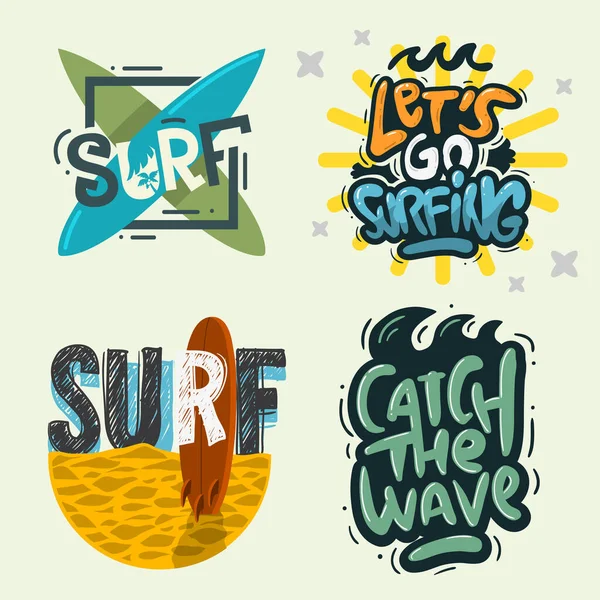 Surfing Style Surf Summer Time Beach Life Hand Lettering Vector Illustrations Set Designs. — Stock Vector