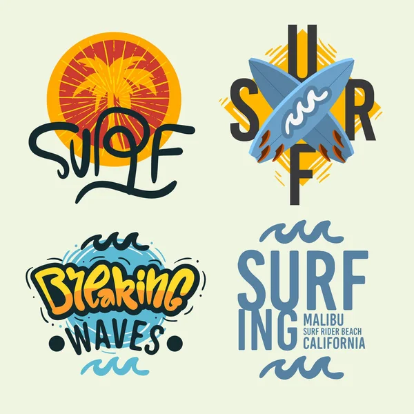 Surfing Style Surf Summer Time Beach Life Hand Lettering Vector Illustrations Set Designs. — Stock Vector