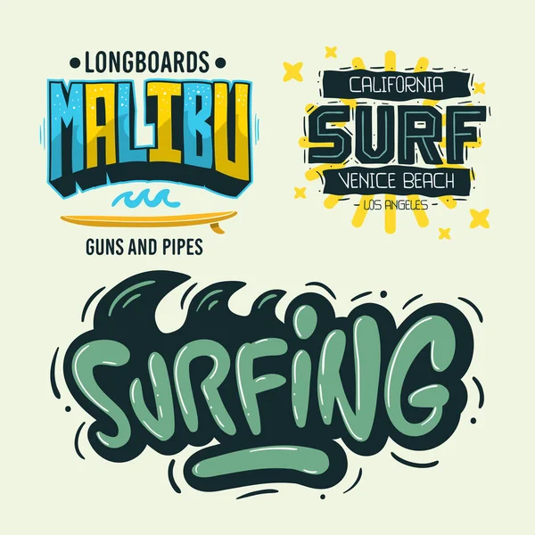 Surfing Style Surf Summer Time Beach Life Hand Lettering Vector Illustrations Set Designs. — Stock Vector