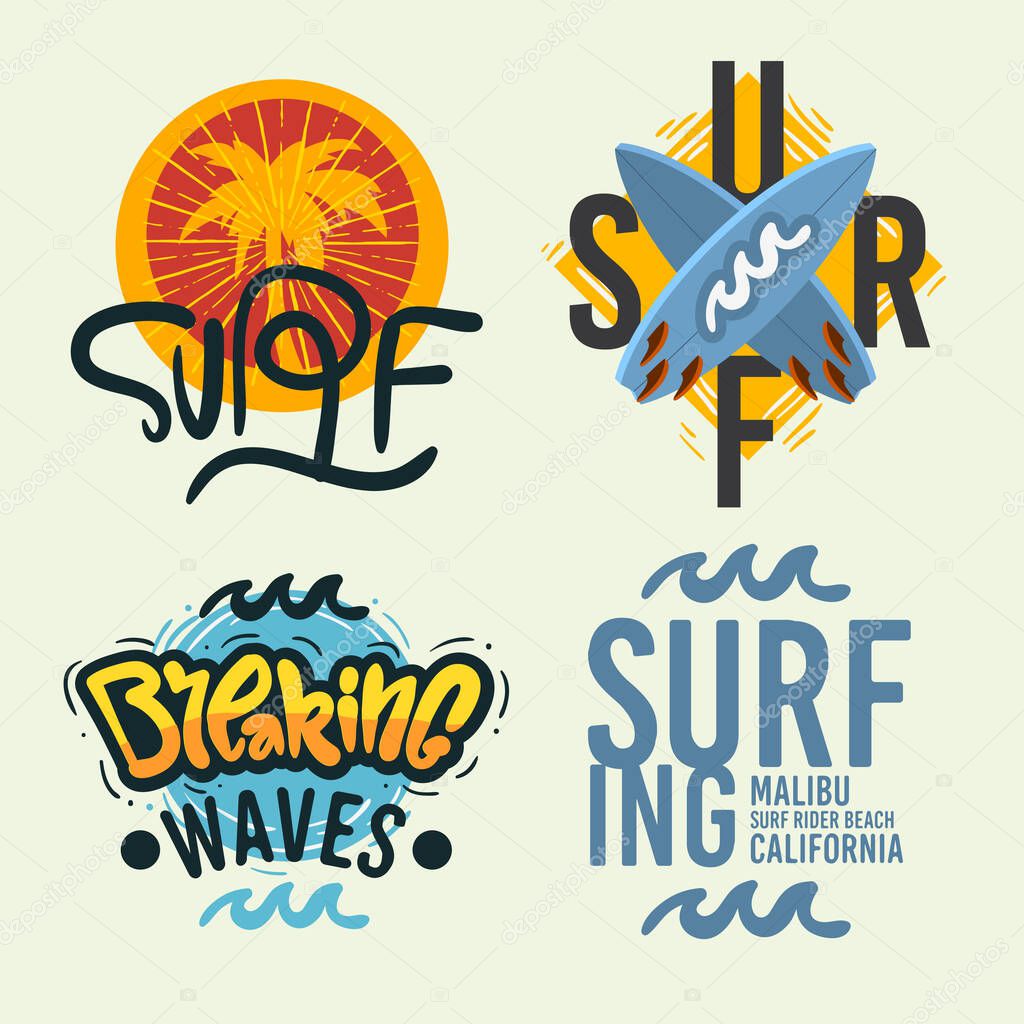 Surfing Style Surf Summer Time Beach Life Hand Lettering Vector Illustrations Set Designs