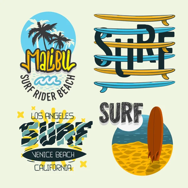 Surfing Style Surf Summer Time Beach Life Hand Lettering Vector Illustrations Set Designs. — Stockový vektor