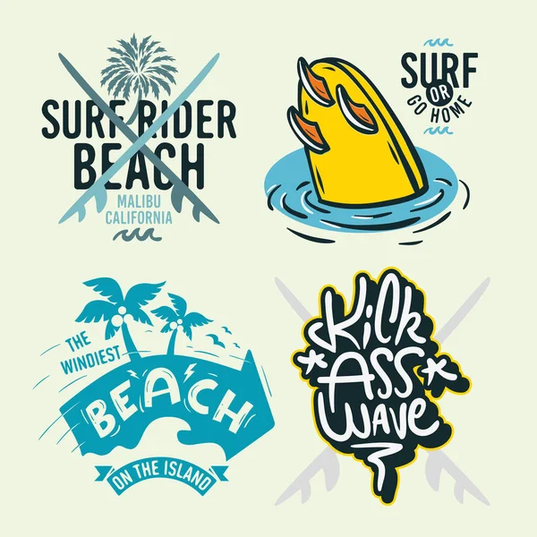 Surf Estilo Surf Verão Tempo Praia Vida Mão Letras Vetor Ilustrações Set Designs . — Vetor de Stock