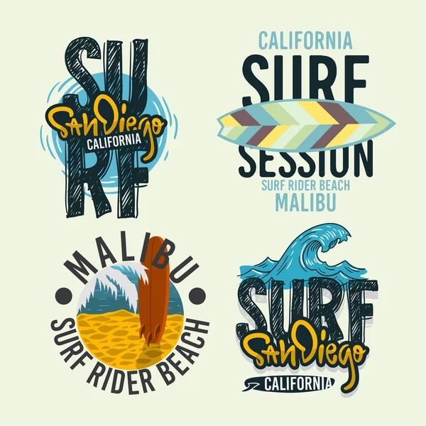 Surfing Style Surf Sommar Tid Beach Livet Hand Bokstäver Vektor Illustrationer Set Designs. — Stock vektor