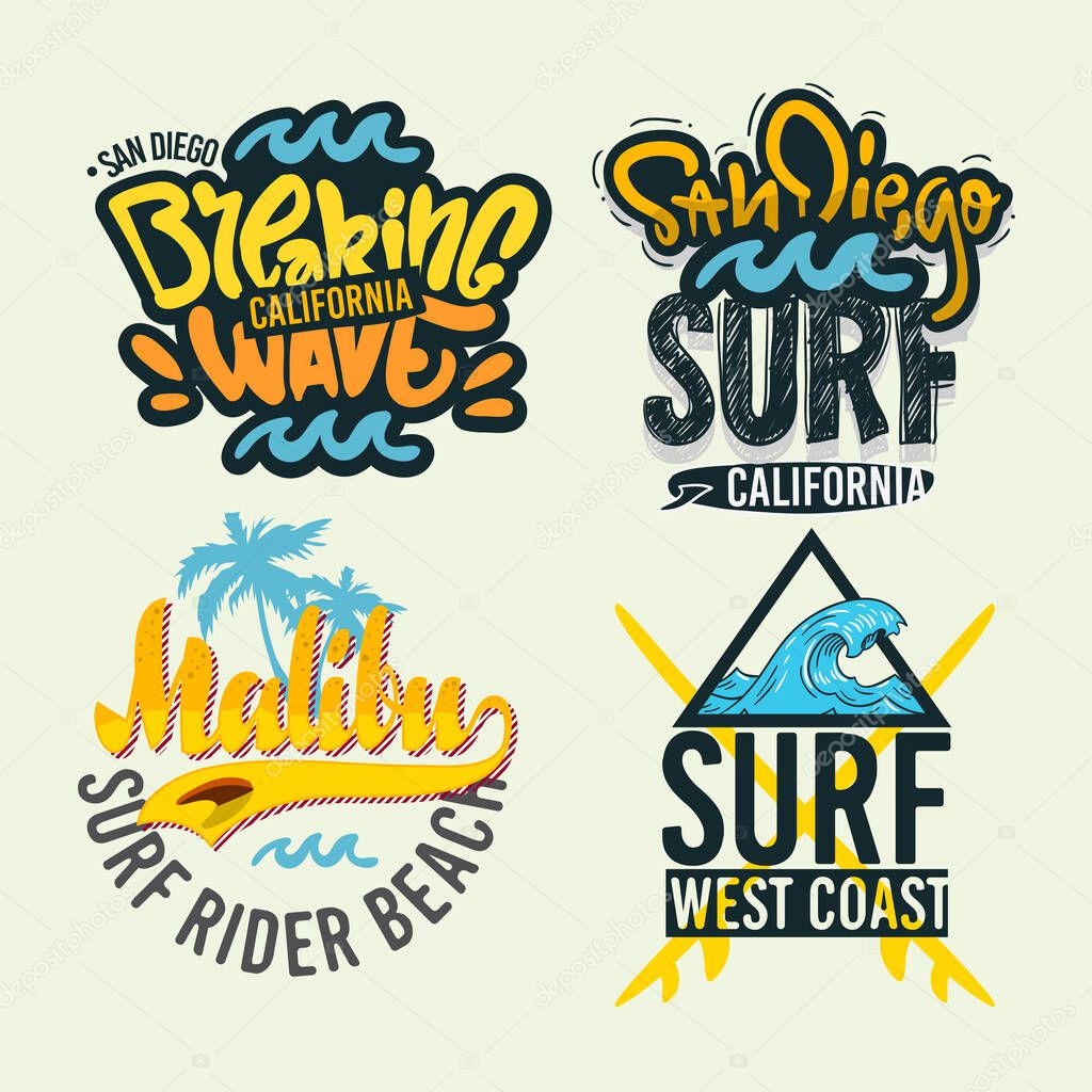Surfing Style Surf Summer Time Beach Life Hand Lettering Vector Illustrations Set Designs