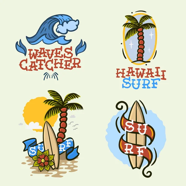 Surfing Style Surf Summer Time Beach Life Traditional Tattoo Influenced Hand Lettering Vector Illustrations Set Designs. — Stock Vector