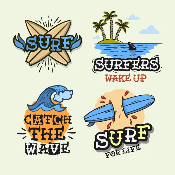 Surfing Style Surf Sommar Tid Beach Livet Traditionell Tatuering Påverkade Hand Bokstäver Vektor Illustrationer Uppsättning Designar. — Stock vektor