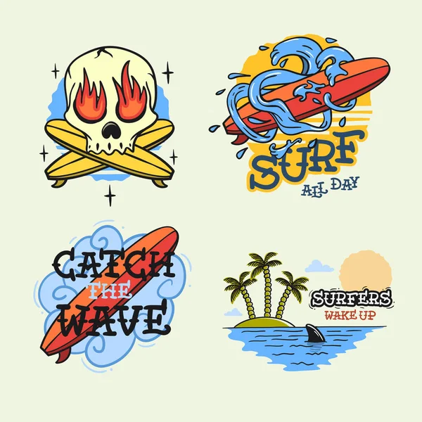 Surfing Style Surf Czas letni Plaża Życie Tradycyjny Tatuaż Wpłynął Ręczne Litery Wektor Ilustracje Zestaw Wzory. — Wektor stockowy