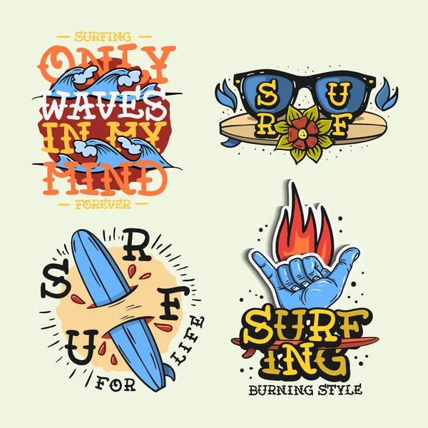 Surfing Style Surf Czas letni Plaża Życie Tradycyjny Tatuaż Wpłynął Ręczne Litery Wektor Ilustracje Zestaw Wzory. — Wektor stockowy