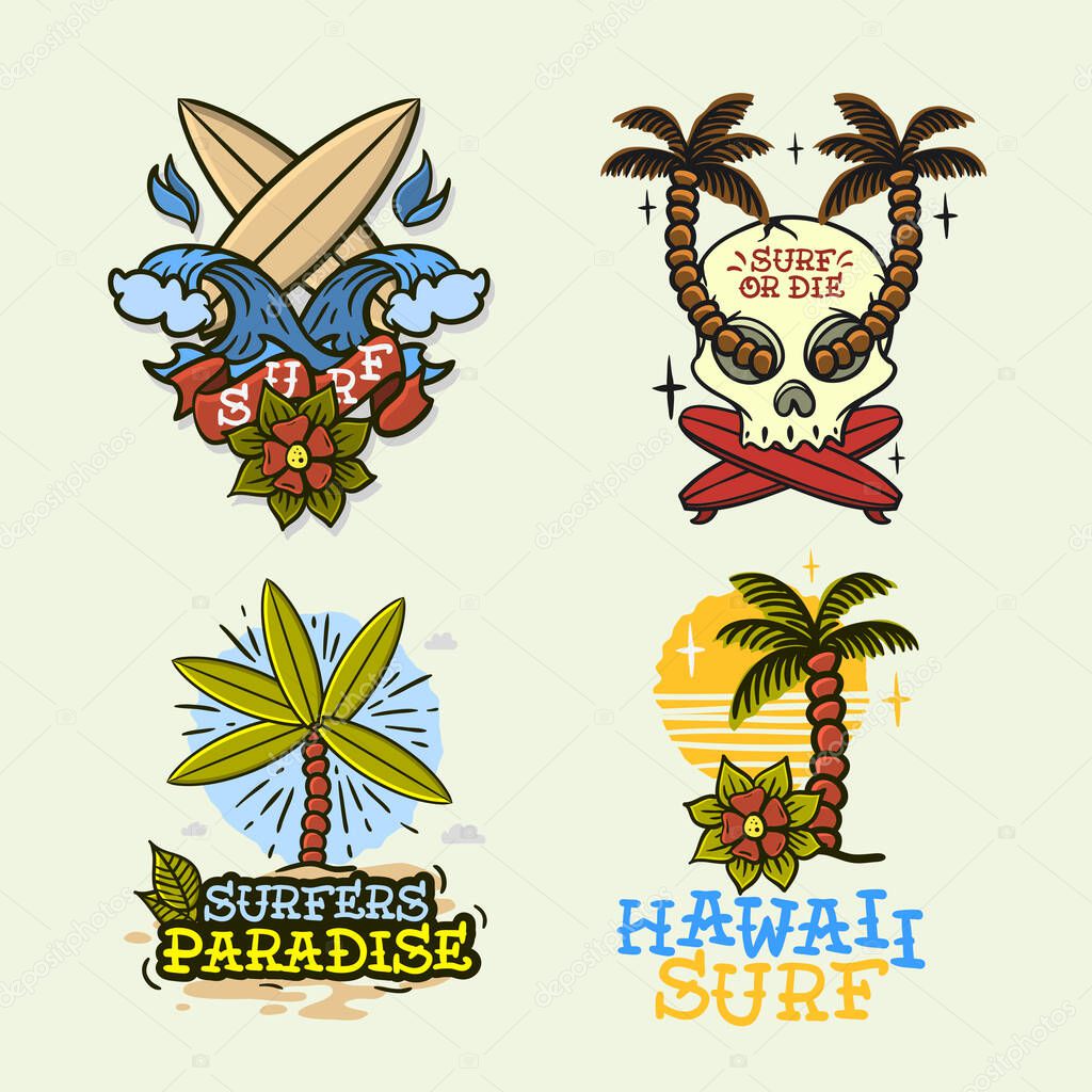 Surfing Style Surf Summer Time Beach Life Traditional Tattoo Influenced Hand Lettering Vector Illustrations Set Designs.