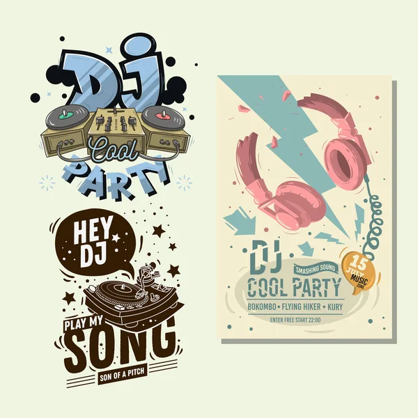 Dj Party Hand Lettering Vector Illustraties Set ontwerpen. — Stockvector