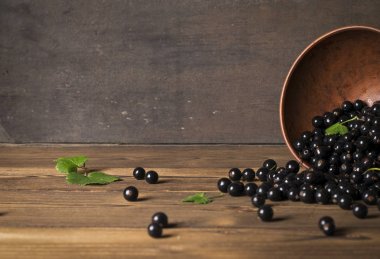 Yaprak sapı ile ahşap masa üzerinde Siyah frenk üzümü