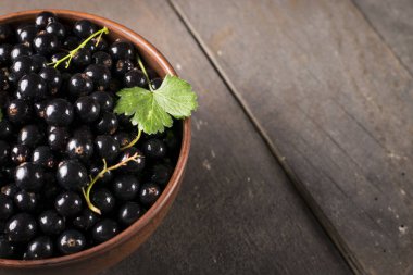 Yaprak sapı ile ahşap masa üzerinde Siyah frenk üzümü