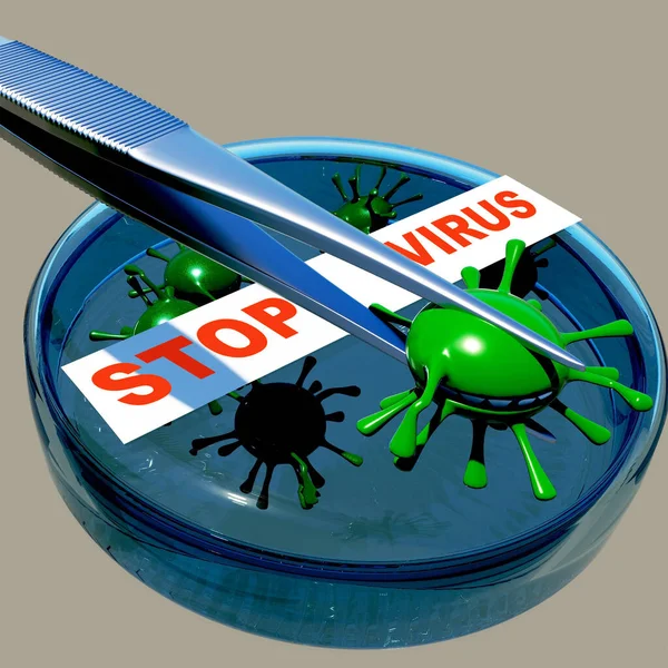 3D illustration Visualization of a study of the Covid-19 virus. Scientist's tweezers delays the spread of infection. Petri dish cup symbol of viral isolation.