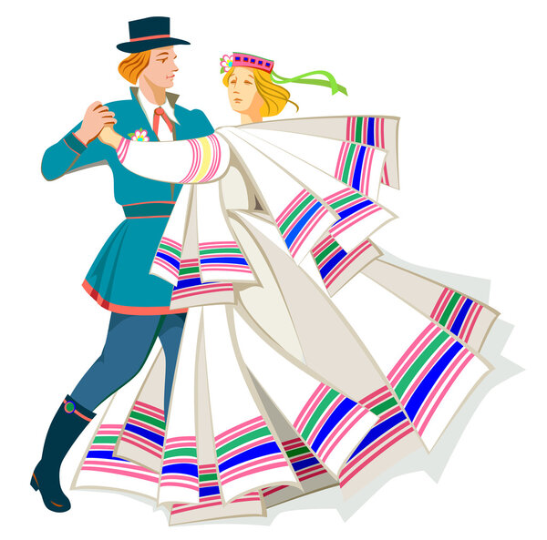 Card with couple dancing Baltic folk dance.