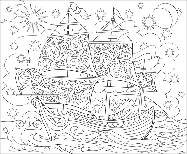 Stránka s ČB ilustrace fantasy pohádkový lodi pro barvení. List pro děti i dospělé. — Stockový vektor