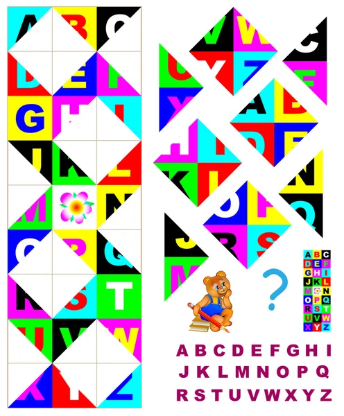 Spel om te bestuderen van de brieven van Engelse alfabet. Zoek de ontbrekende details en trekken ze op de overeenkomstige plaatsen. Puzzel van de logica. — Stockvector