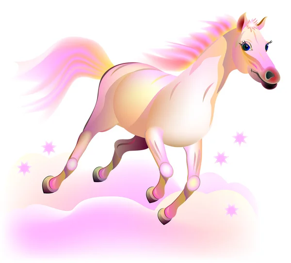 Ilustrace fantasy fairyland růžový kůň v oblacích. — Stockový vektor
