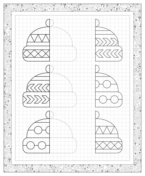 Schwarz-weißes Arbeitsblatt auf quadratischem Papier mit Übungen für kleine Kinder. müssen die entsprechenden Hälften von Mützen finden, dann ziehen Sie sie in relevanten Ornament. Logik-Rätsel. — Stockvektor