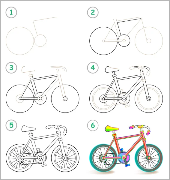 На сторінці показано, як навчитися покроково малювати іграшковий велосипед. Розвиток навичок дітей для малювання та розфарбування. Векторне зображення . — стоковий вектор