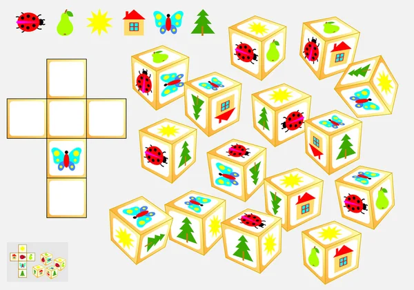 Логическая загадка. Найдите четыре одинаковых куба. Нарисуй их шаблон . — стоковый вектор