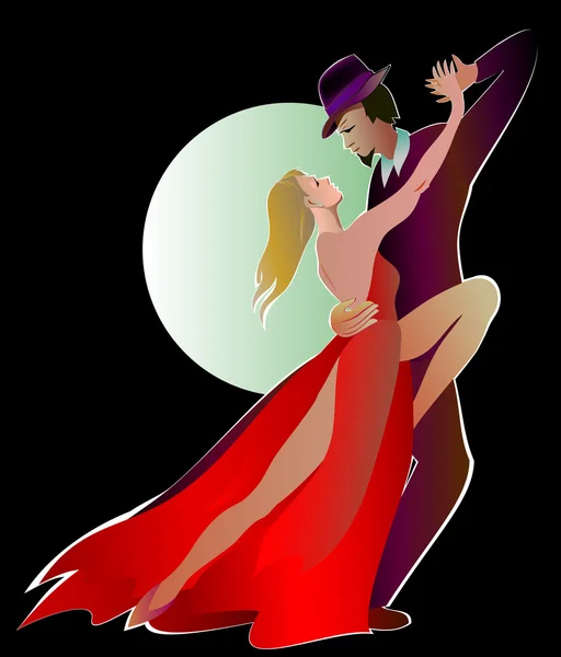 Ілюстрація чоловіка, який танцює танго з красивою жінкою в червоній сукні . — стоковий вектор